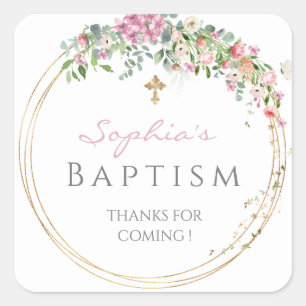 Sticker Carré Elégant rose Aquarelle Floral Girl Baptism 