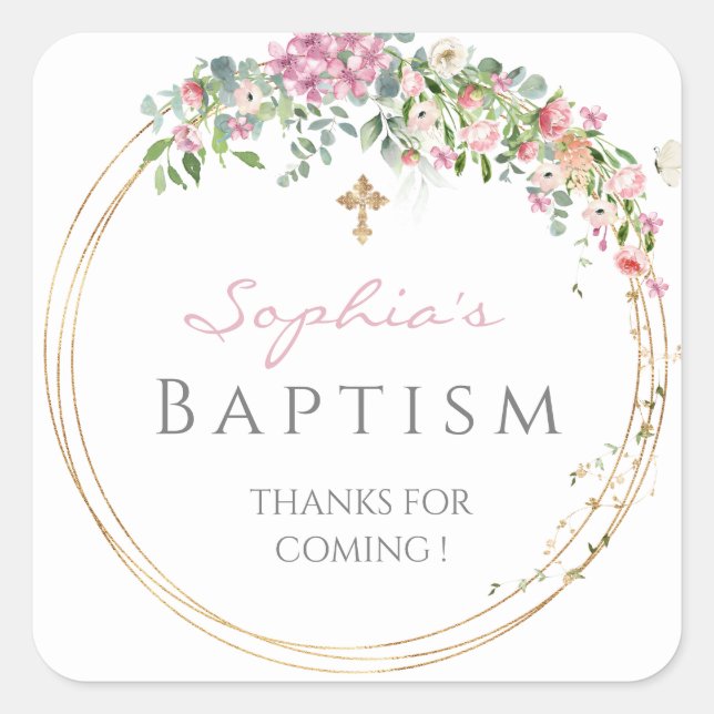 Sticker Carré Elégant rose Aquarelle Floral Girl Baptism  (Devant)