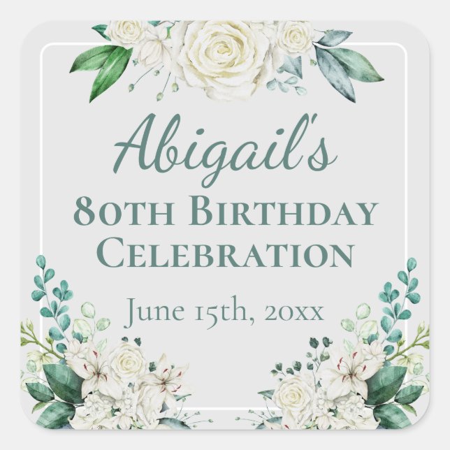 Sticker Carré Elégant Rose blanche Floral 80e anniversaire n'imp (Devant)