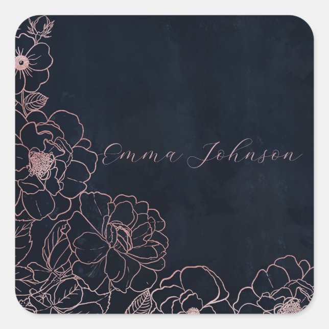 Sticker Carré Élégant Rose bleu Rose or Floral (Devant)