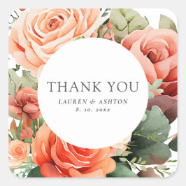 Sticker Carré Élégant Rose de pêche Merci Mariage