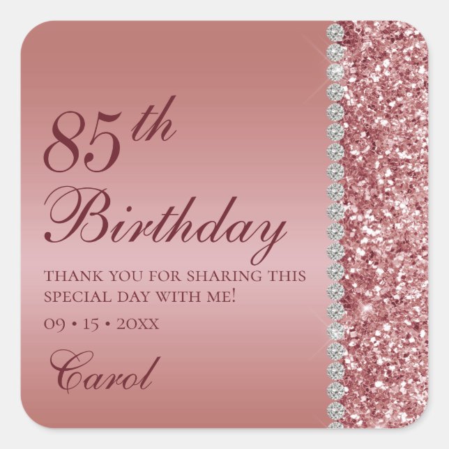 Sticker Carré Elégant Rose Gold 85e anniversaire Merci (Devant)