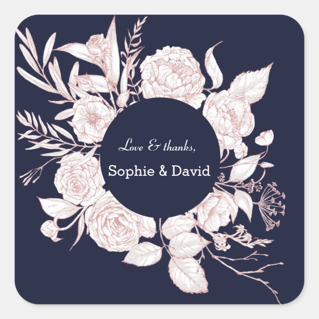 Sticker Carré Elégant Rose Gold Flowers Marine Blue Mariage (Devant)
