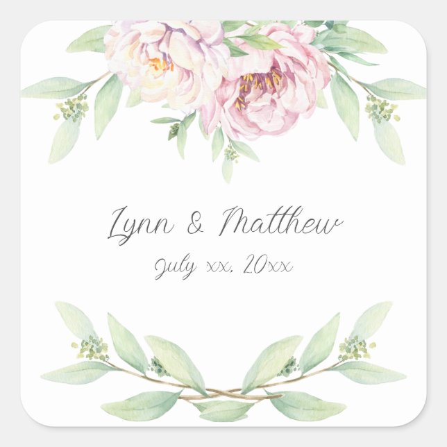 Sticker Carré Élégant rose pâle Roses Mariage floral (Devant)
