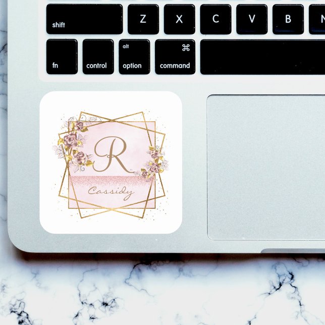 Sticker Carré Élégant Rose Parties scintillant or Rose Monogramm (Créateur téléchargé)