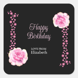 Sticker Carré Élégant rose rose florale noir Joyeux anniversaire