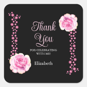 Sticker Carré Élégant rose rose rose Floral Merci noir
