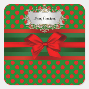 Sticker Carré Élégant Rouge & Vert Polka Dot Ribbon Noël