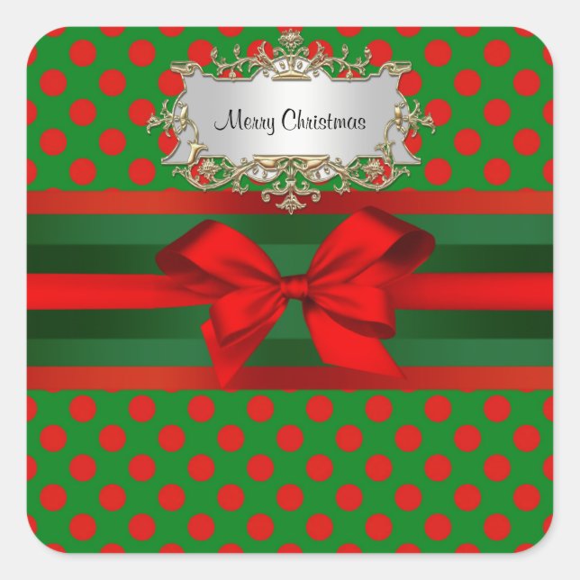 Sticker Carré Élégant Rouge & Vert Polka Dot Ribbon Noël (Devant)