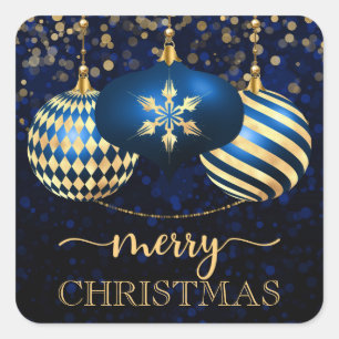 Sticker Carré Elégant Royal Blue & Gold Baubles Joyeux Noël