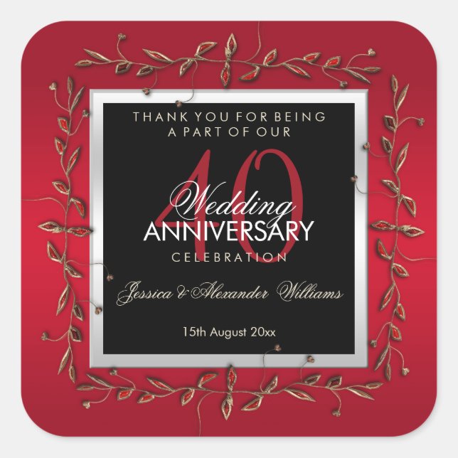 Sticker Carré Elégant Ruby Gemstones 40e anniversaire de Mariage (Devant)