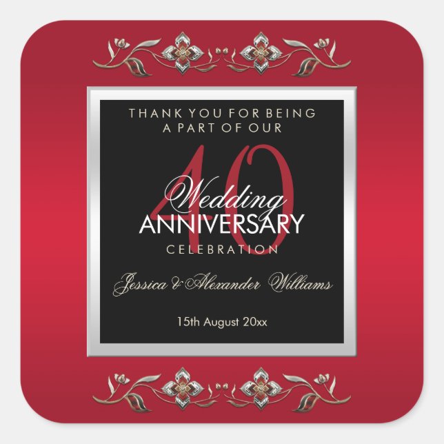 Sticker Carré Elégant Ruby Gemstones 40e anniversaire de Mariage (Devant)