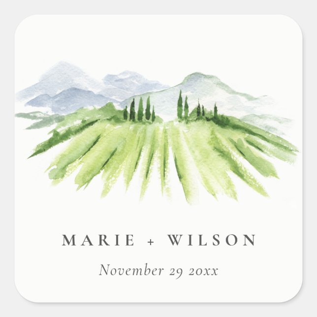 Sticker Carré Élégant Rustic Winery Vineyard Mountain Mariage (Devant)