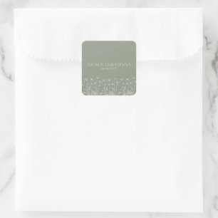 Sticker Carré Élégant Sage Green Minimaliste Boho Floral Mariage
