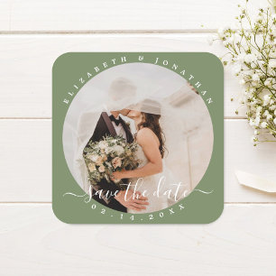 Sticker Carré Elégant Sage Green Photo Mariage Enregistrer La Da