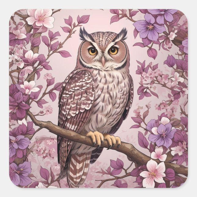 Sticker Carré Elégant Scops Owl Purple Floral (Devant)