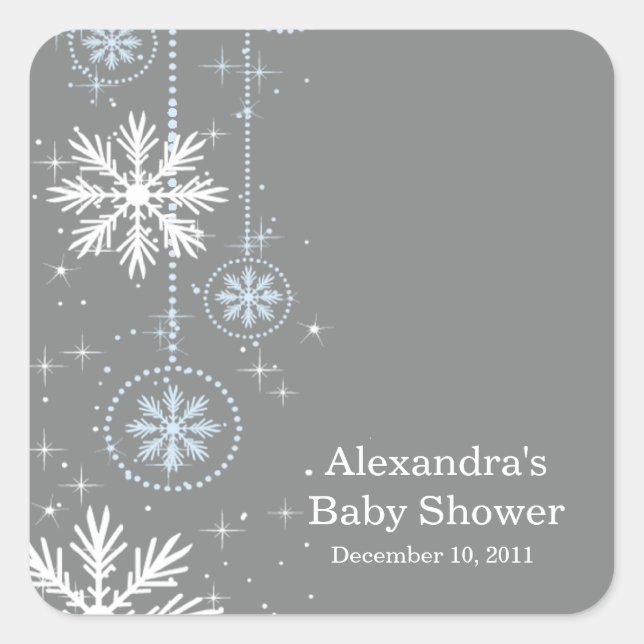 Sticker Carré Élégant Snowflakes Carré Baby shower bleu et gris (Devant)
