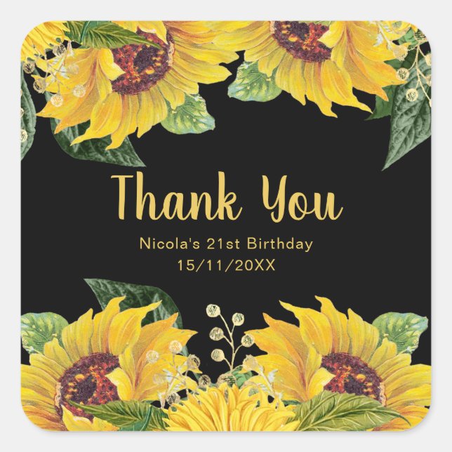 Sticker Carré Elegant Sunflowers and Foliage Birthday Party (Devant)
