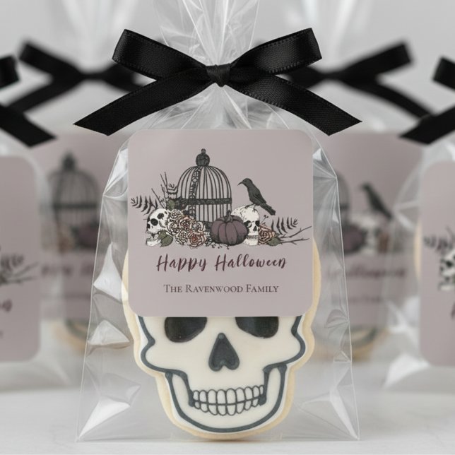 Sticker Carré Elégant Taupe Grey Gothic Happy Halloween (Gothic Halloween Floral Skull Sticker. Autumn Blush Roses, Burgundy Flowers, Skulls, Birdcage, Crow)