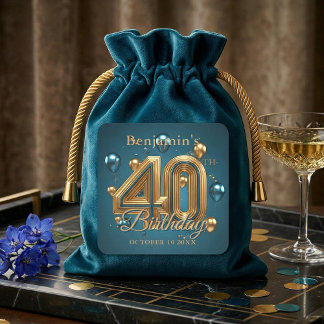 Sticker Carré Elegant Teal Blue and Gold 40th Birthday Party