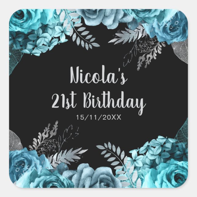 Sticker Carré Elegant Teal Blue and Silver Flower Birthday Party (Devant)