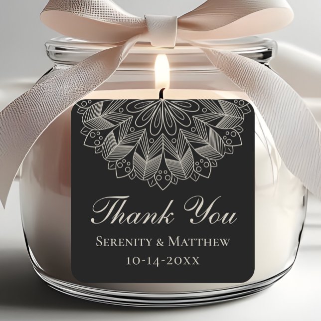 Sticker Carré Elegant Thank You Mandala Indian Black Wedding (Créateur téléchargé)