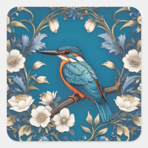 Sticker Carré Élégant turquoise Kingfisher Bird Floral