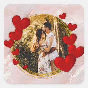 Sticker Carré Élégant Valentines, Amour, Anniversaire Coeur Roug