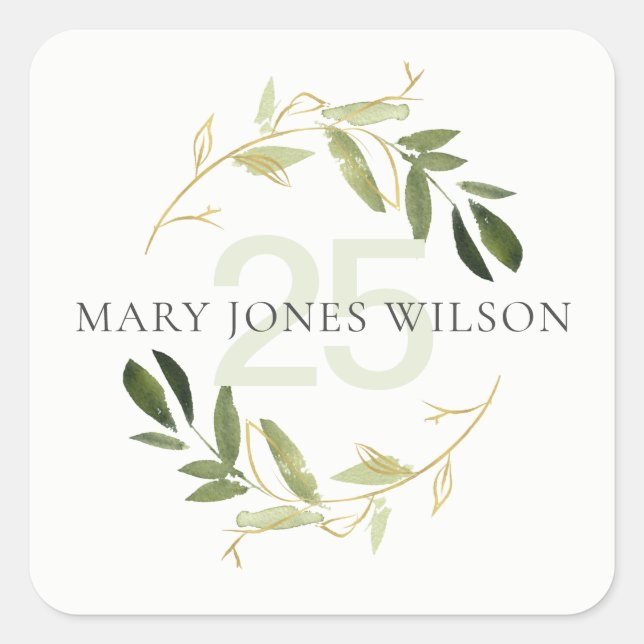 STICKER CARRÉ ÉLÉGANT VERT GOLD FOLIAGE WREATH TOUT ÂGE ANNIVERS (Devant)