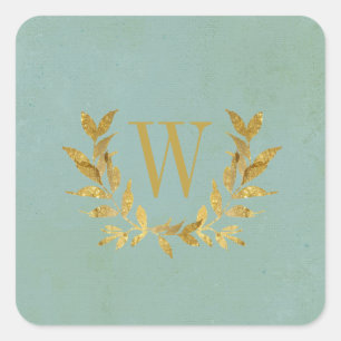 Sticker Carré Élégant Vert Or Moderne Monogramme Mariage
