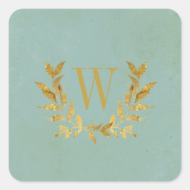 Sticker Carré Élégant Vert Or Moderne Monogramme Mariage (Devant)
