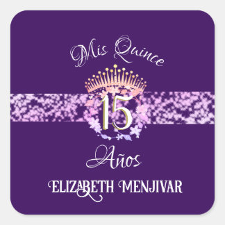 Sticker Carré Elégant violet et or Quinceañera espagnol