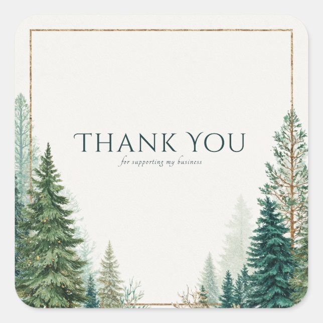 Sticker Carré Elegant Winter Pine Forest Gold Frame Rustic (Devant)