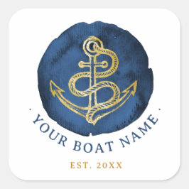 Sticker Carré Elégante Ancre aquarelle Nom nautique Marine Bleu