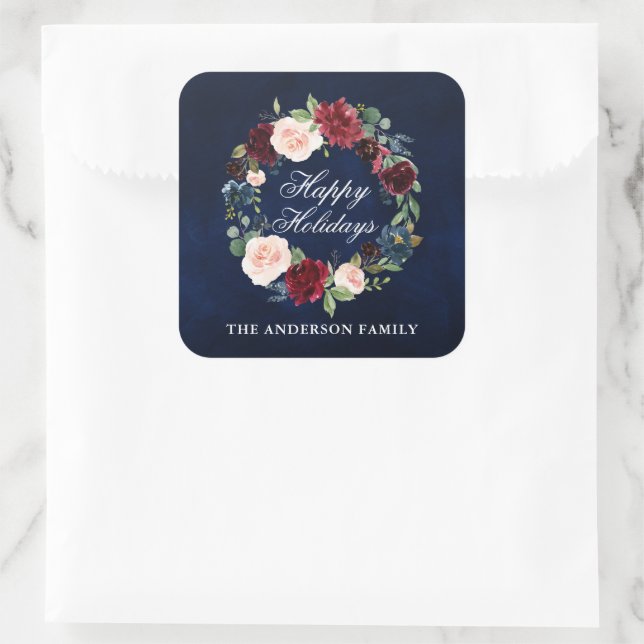 Sticker Carré Elégante aquarelle fleurie Wreath Joyeuses vacance (Sac)