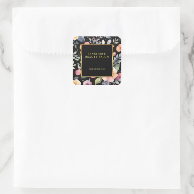 Sticker Carré Elégante aquarelle fleurs noir or professionnel (Sac)