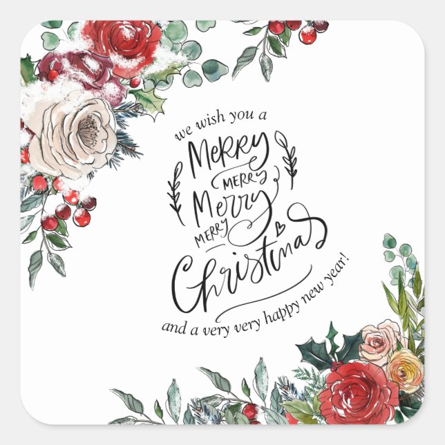 Sticker Carré Elégante aquarelle Floral Holly Joyeux Noël (Devant)