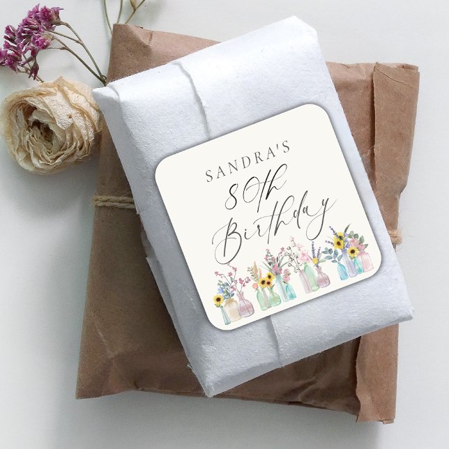 Sticker Carré Elégante aquarelle florale 80e anniversaire (Créateur téléchargé)