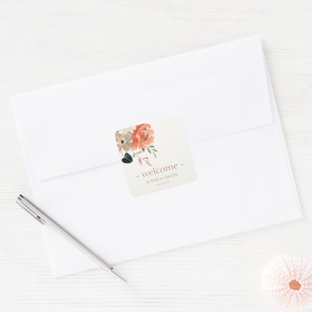 Sticker Carré Elégante aquarelle Florale Couple Mariage Bienvenu (Enveloppe)