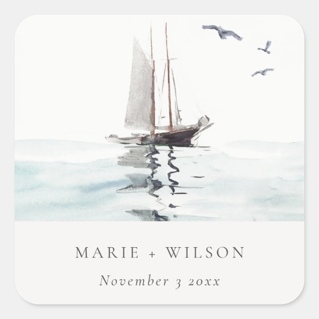 Sticker Carré Elégante aquarelle Nautique voile Mariage (Devant)