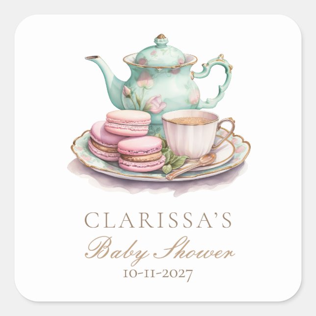 Sticker Carré Elégante Baby shower d'aquarelle Tea Party (Devant)