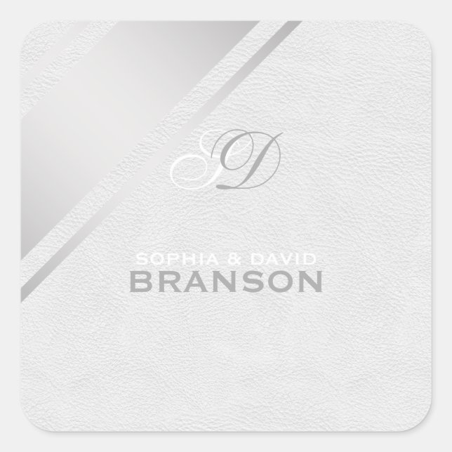 Sticker Carré Élégante bande d'argent Monogramme en cuir blanc (Devant)