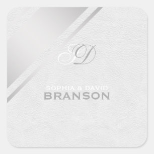 Sticker Carré Élégante bande d'argent Monogramme en cuir blanc
