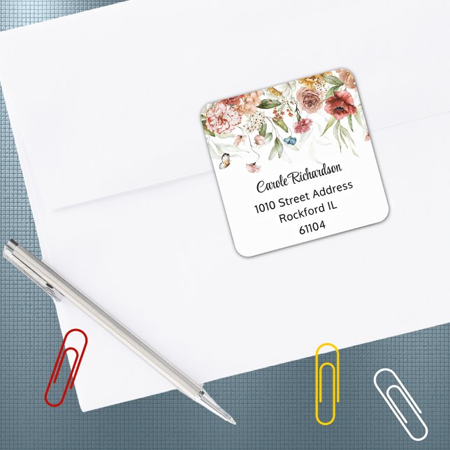 Sticker Carré Elégante couleur aquarelle Floral Drop Adresse (Créateur téléchargé)
