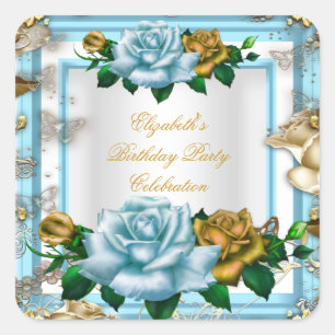 Sticker Carré Elégante fête d'anniversaire Bleu Roses Blanc Gold