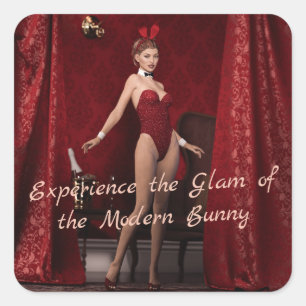 Sticker Carré Élégante fille lapin sur le rideau de velours roug