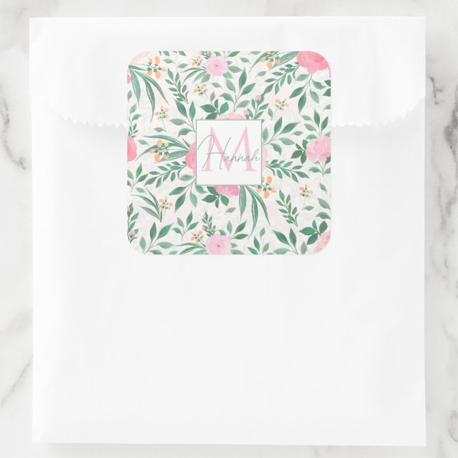 Sticker Carré Elégante Fleurs Roses Blanches Aquarelle Florale (Sac)