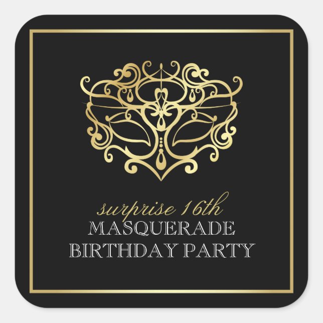 Sticker Carré Elégante Gold & Black Masquerade Surprise Party (Devant)