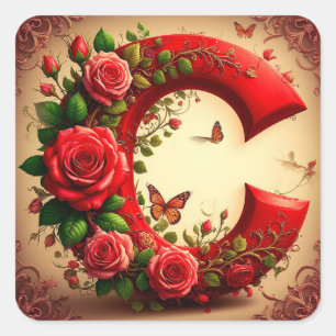Sticker Carré Élégante lettre C rouge par Roses et Papillon