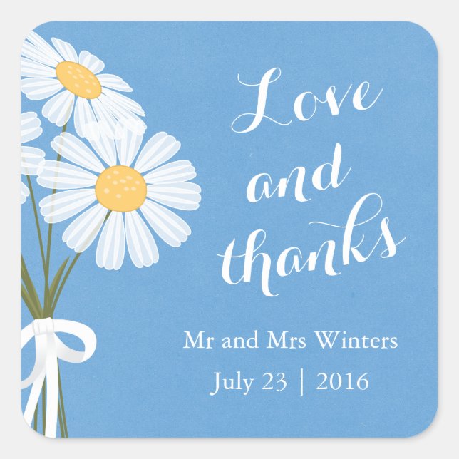 Sticker Carré Elégante marguerite blanche Merci bleu Mariage (Devant)